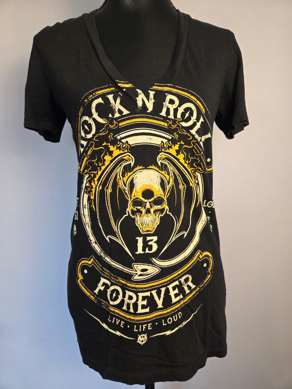 Wornstar Rock N Roll Forever Deep V-neck Short Sleeve Tee Black Large Soft Wash